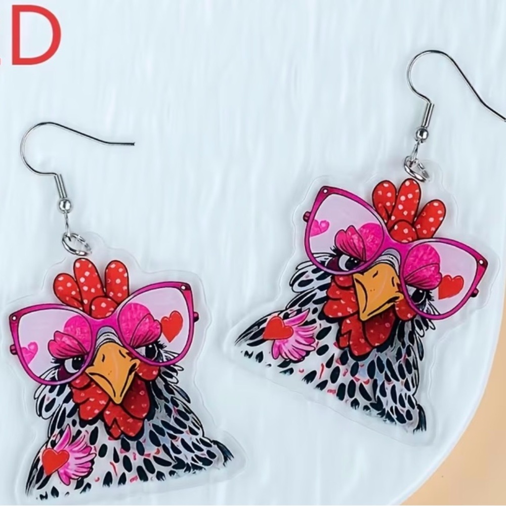 Novelty Chicken Face Dangle Earrings - Pink